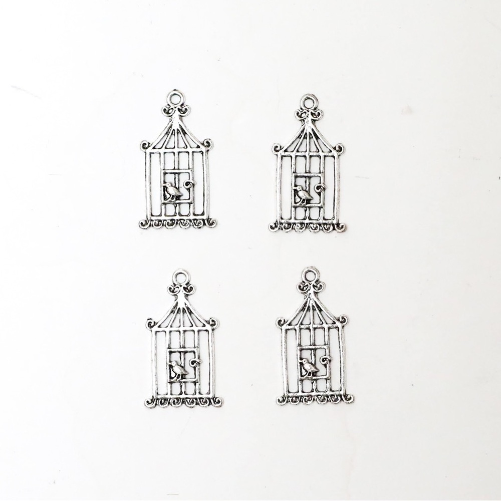 Set of 4 silver toned bird cage pendants charm jewellery crafting metal oxidized